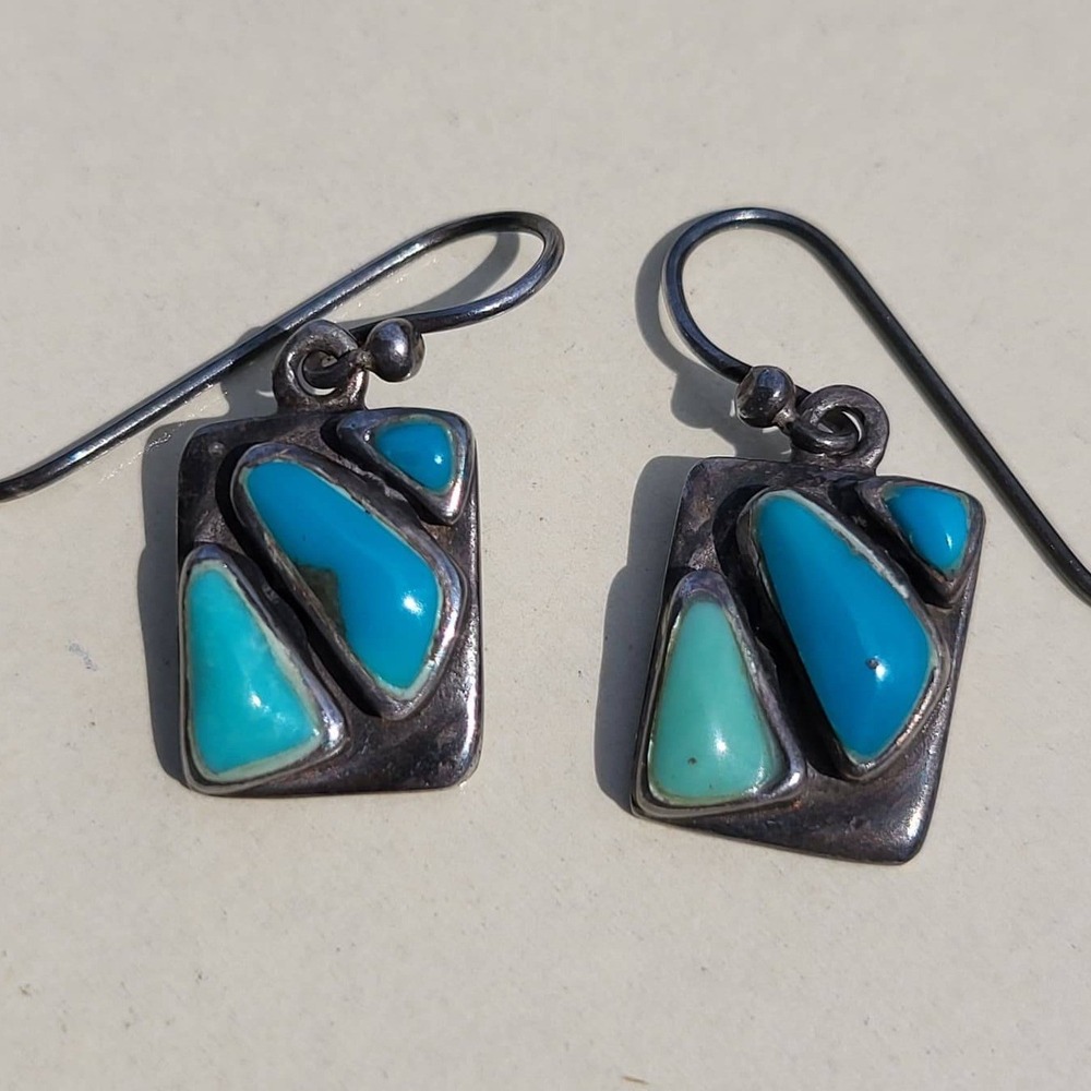 Vintage Sterling Silver Turquoise Mosaic Drop Earrings Blue Green 925 Hook